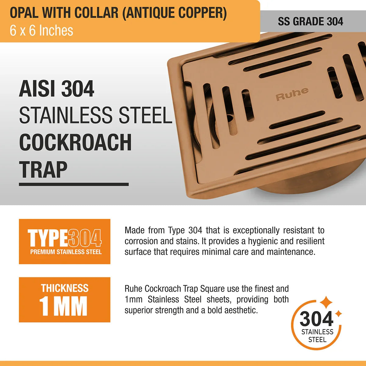 Opal Square Flat Cut Floor Drain in Antique Copper PVD Coating (6 x 6 Inches) - by Ruhe