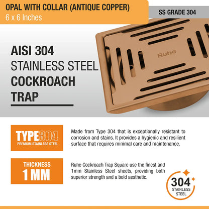 Opal Square Flat Cut Floor Drain in Antique Copper PVD Coating (6 x 6 Inches) - by Ruhe