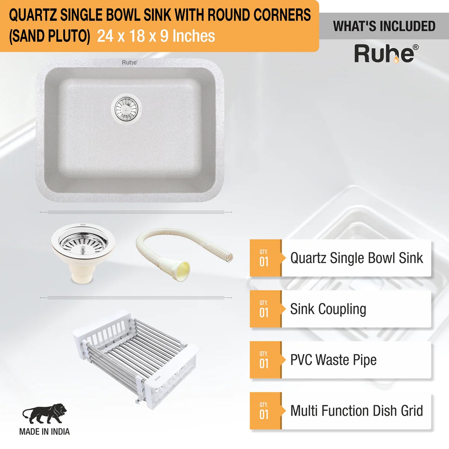 Quartz Single Bowl Round Kitchen Sink (24 x 18 x 9 Inches)
