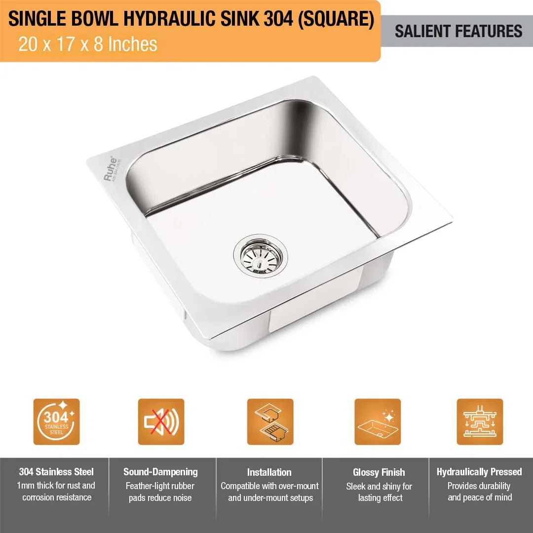 Single Bowl Kitchen Sink (20 x 17 x 8 Inches)(Salient Features)
