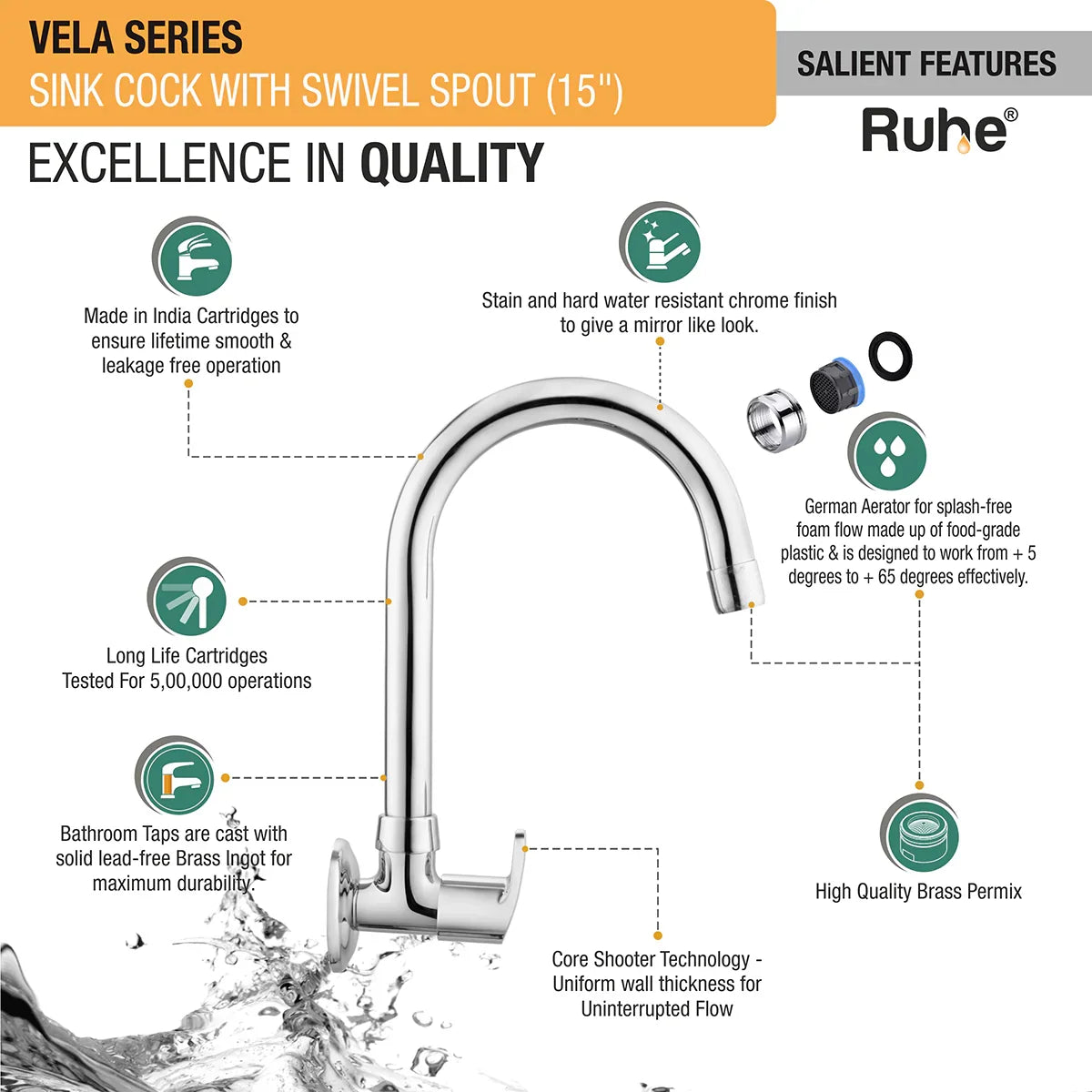 Vela Sink Tap with Medium (15 inches) Round Swivel Spout Brass Faucet features