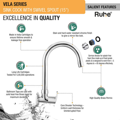 Vela Sink Tap with Medium (15 inches) Round Swivel Spout Brass Faucet features
