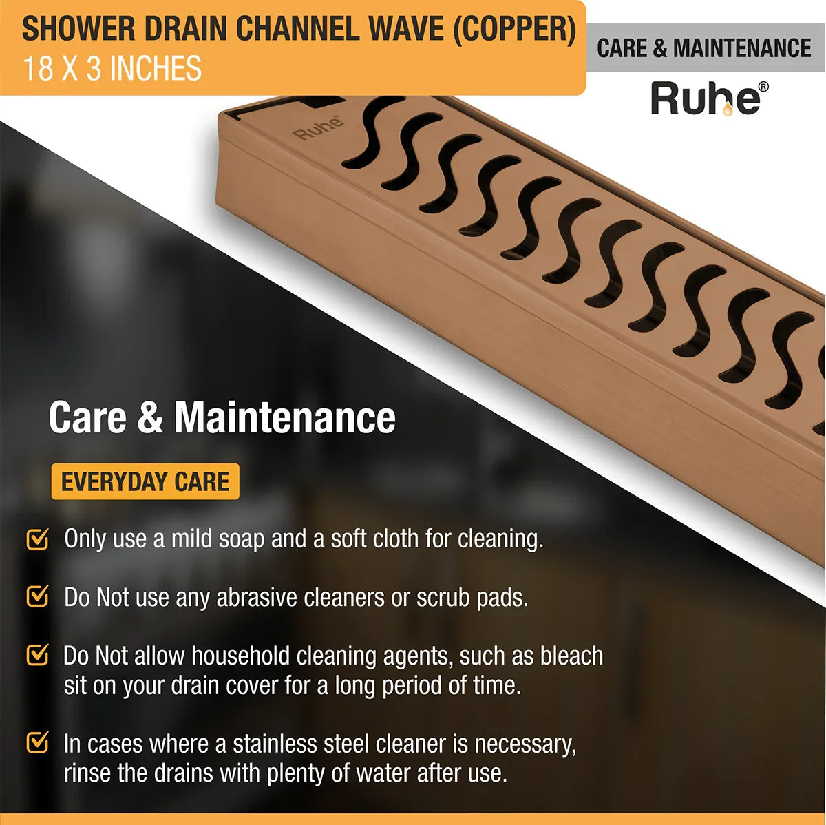 Wave Shower Drain Channel (18 x 3 Inches) Antique Copper PVD Coated - by Ruhe