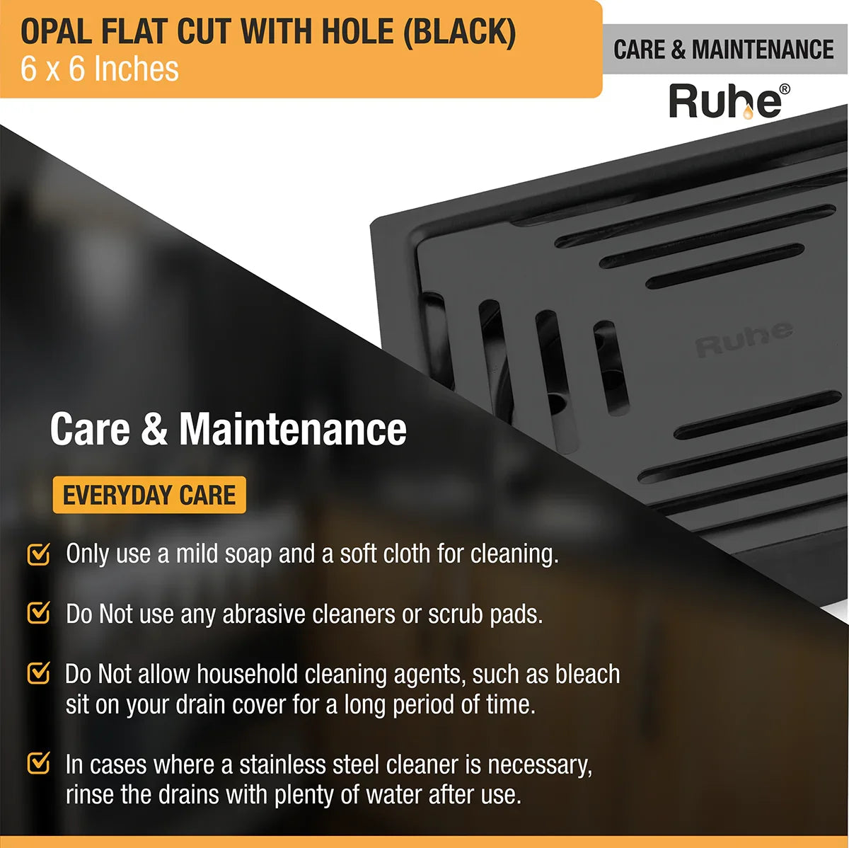 Opal Square Flat Cut Floor Drain in Black PVD Coating (6 x 6 Inches) with Hole - by Ruhe