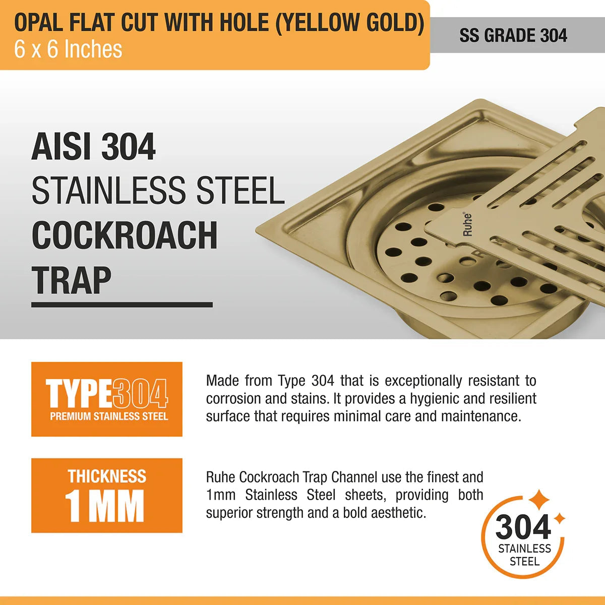 Opal Square Flat Cut Floor Drain in Yellow Gold PVD Coating (6 x 6 Inches) with Hole stainless steel