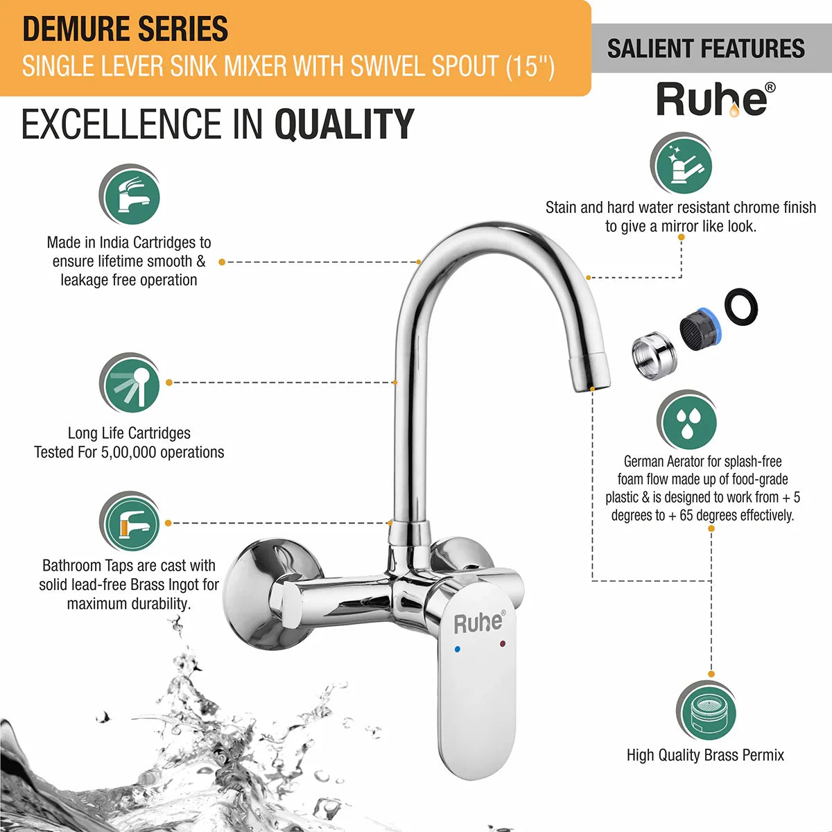 Demure Single Lever Wall-mount Kitchen Sink Mixer Tap with Swivel Spout