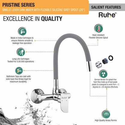 Pristine Single Lever Wall-mount Kitchen Sink Mixer Tap with Coloured Silicone Spout