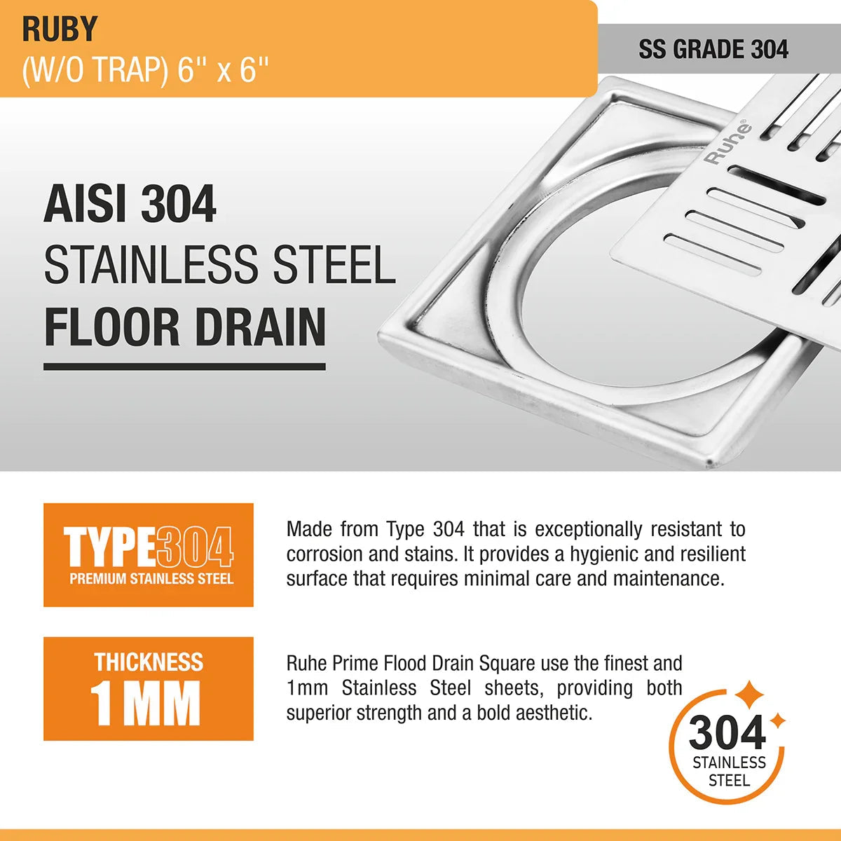 Ruby Square 304 Grade Floor Drain (6 x 6 Inches) - by Ruhe