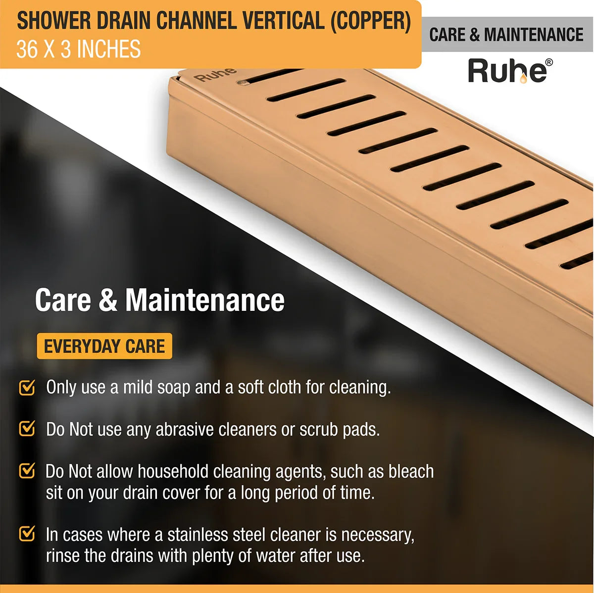 Vertical Shower Drain Channel (36 x 3 Inches) Antique Copper PVD Coated - by Ruhe