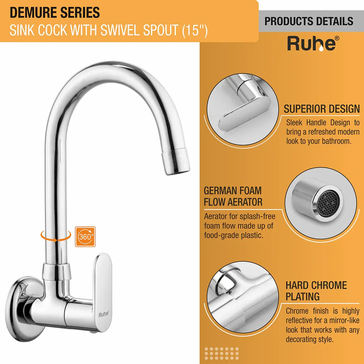 Demure Wall Mount Kitchen Sink Tap with Swivel Spout