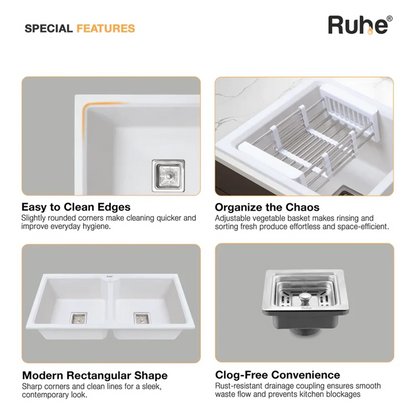 Quartz Double Bowl Kitchen Sink Coloured (37 x 18 x 9 Inches)