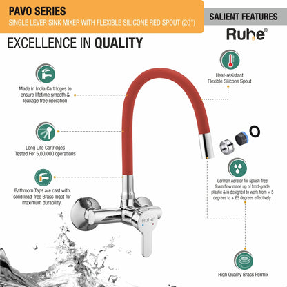 Pavo Single Lever Wall-mount Kitchen Sink Mixer Tap with Red Silicone Spout - by Ruhe
