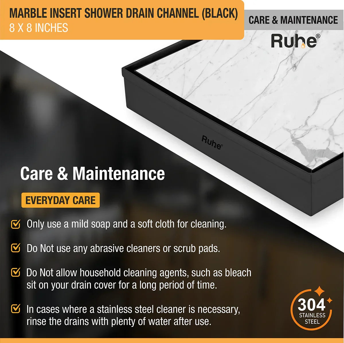 Marble-Insert Shower Drain Channel (8 x 8 Inches)