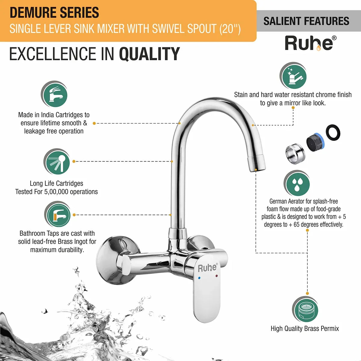 Demure Single Lever Wall-mount Kitchen Sink Mixer Tap with Swivel Spout