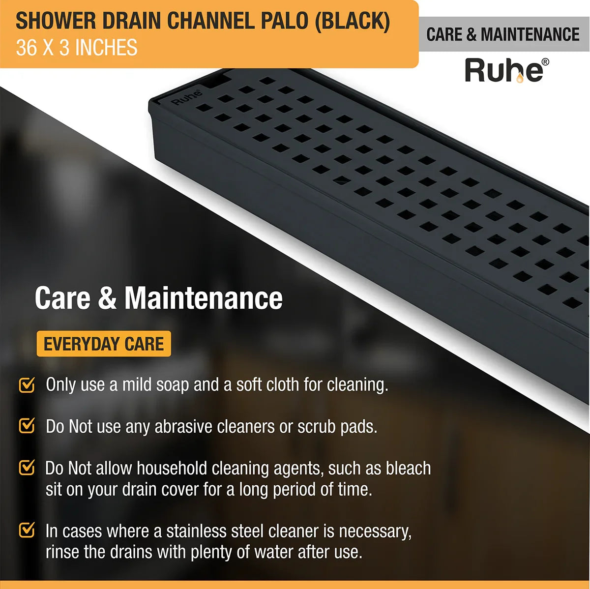 Palo Shower Drain Channel (36 x 3 Inches) Black PVD Coated care and maintenance