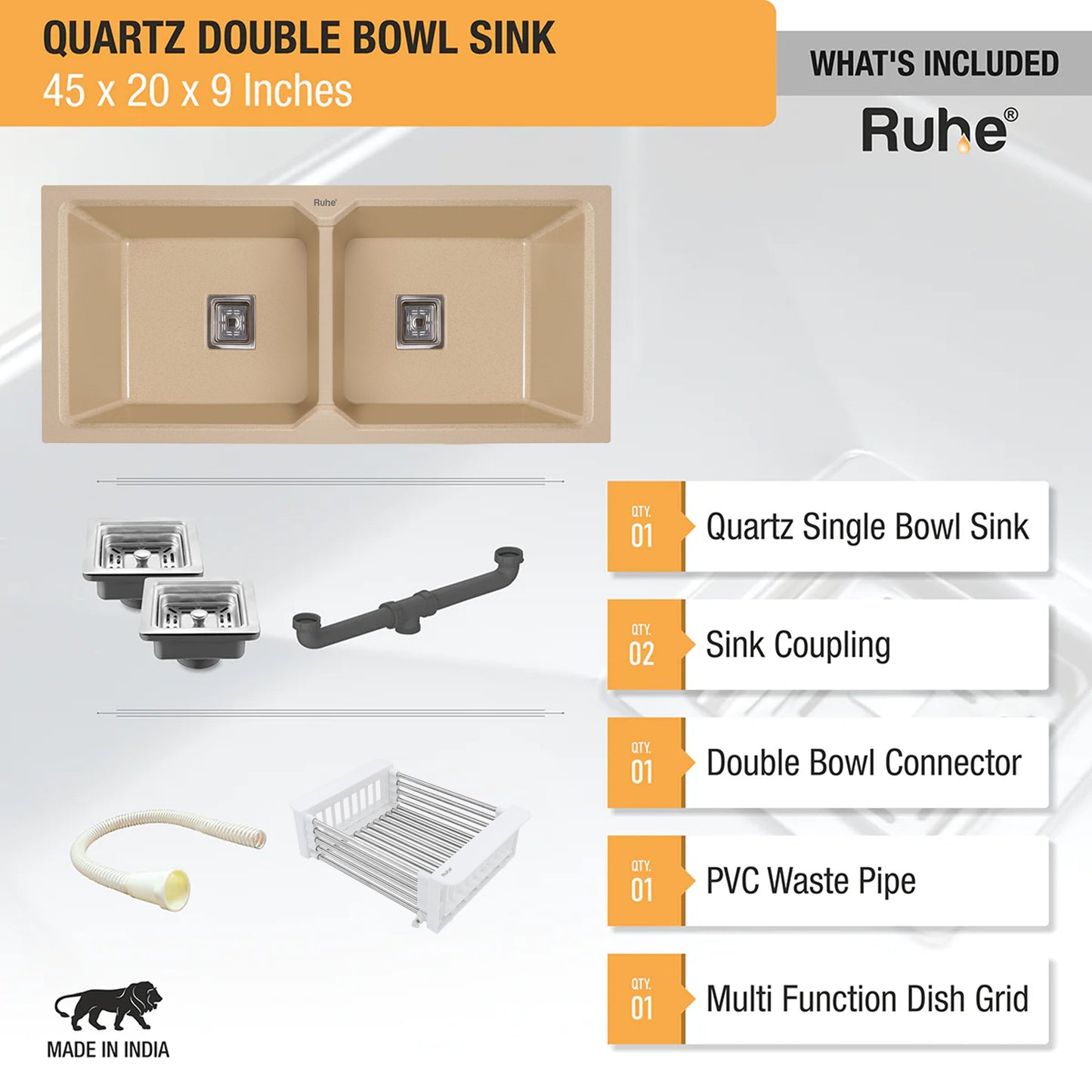 Quartz Double Bowl Kitchen Sink (45 x 20 x 9 inches)