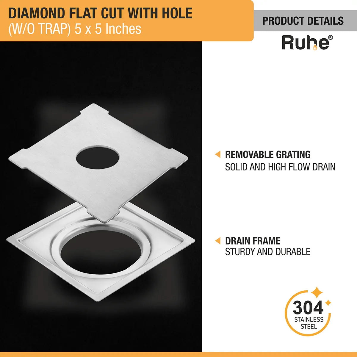 Diamond Square Flat Cut 304-Grade Floor Drain with Hole (5 x 5 Inches) with removable grating and drain frame