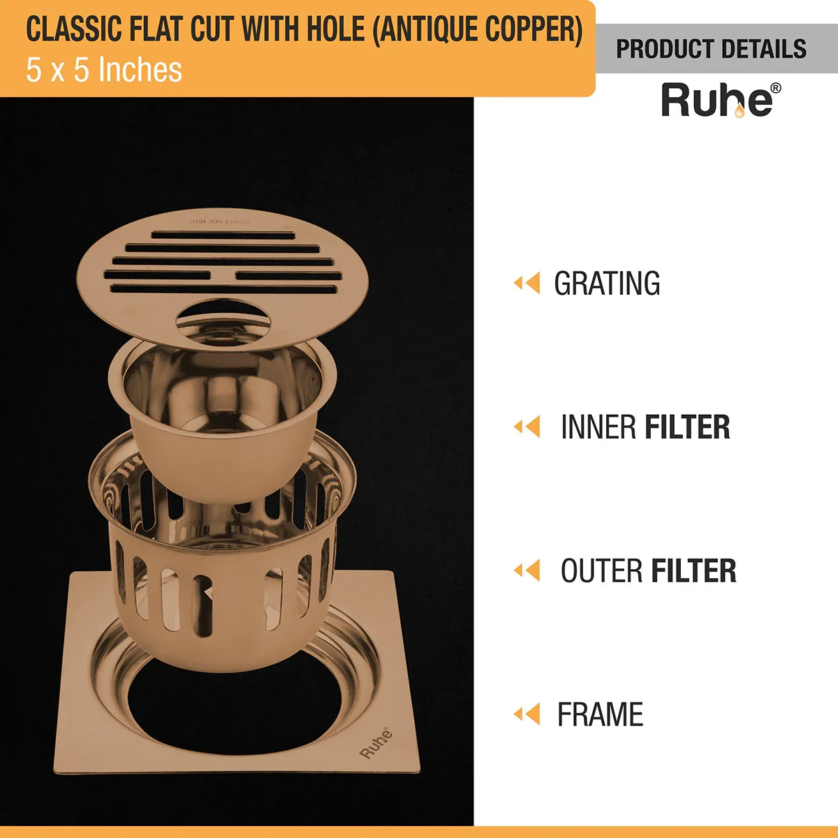 Classic Square Flat Cut Floor Drain in Antique Copper PVD Coating (5 x 5 Inches) with Hole with grating, inner filter, outer filter, and frame