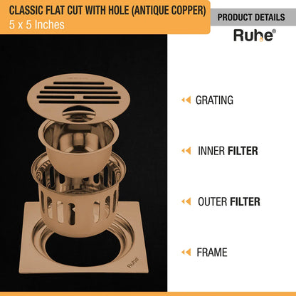 Classic Square Flat Cut Floor Drain in Antique Copper PVD Coating (5 x 5 Inches) with Hole with grating, inner filter, outer filter, and frame