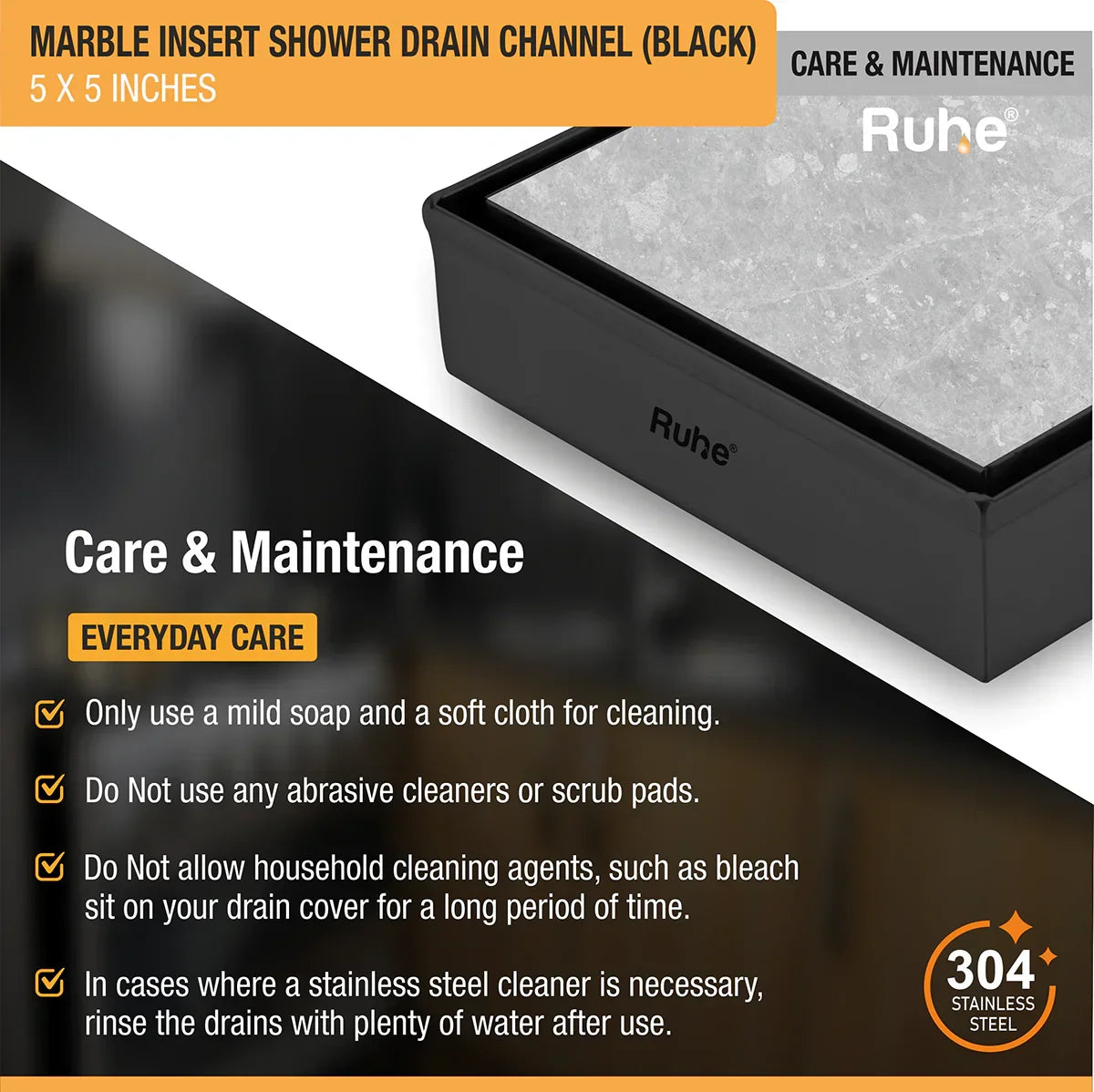 Marble-Insert Shower Drain Channel (5 x 5 Inches)