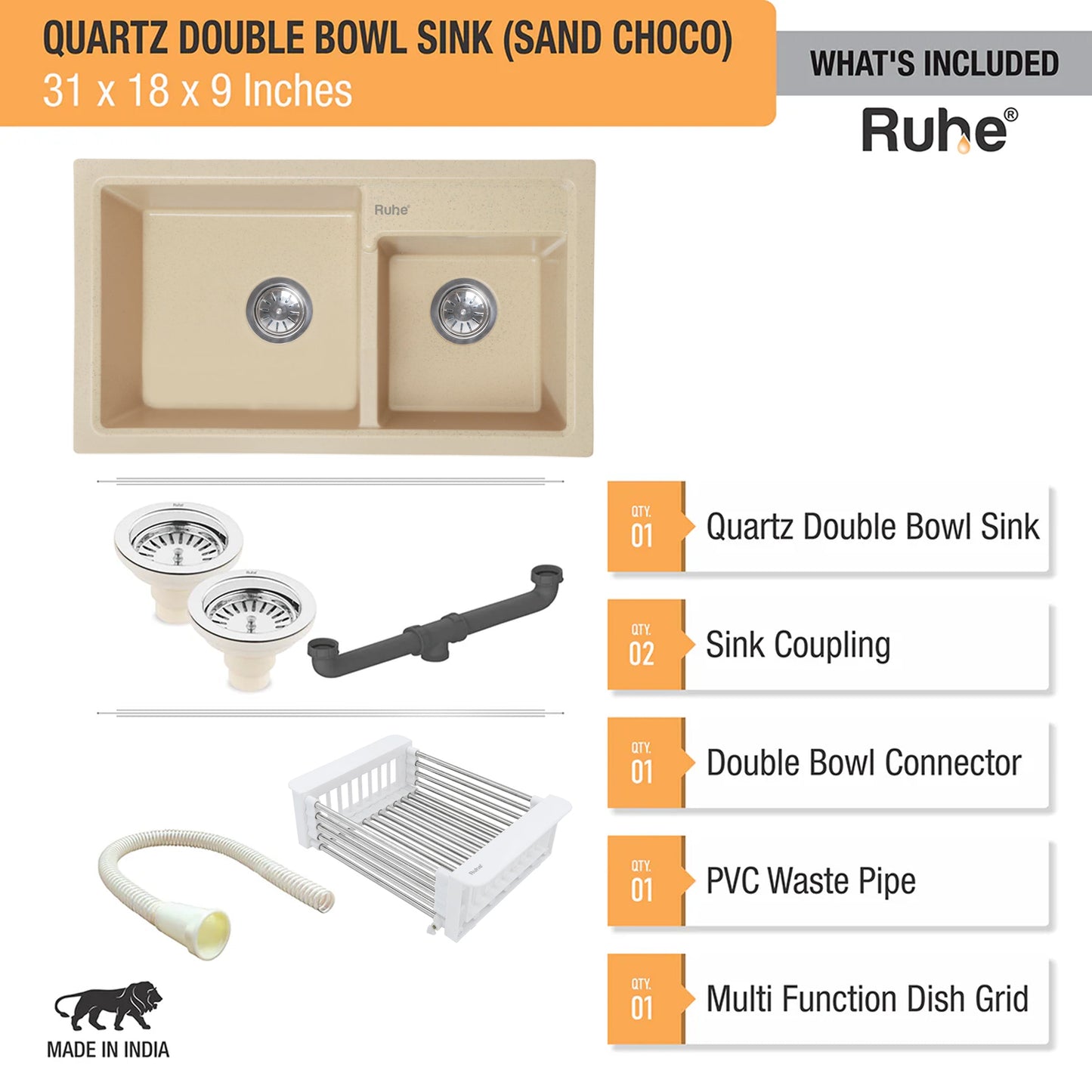 Quartz Double Bowl Kitchen Sink (31 x 18 x 9 Inches)