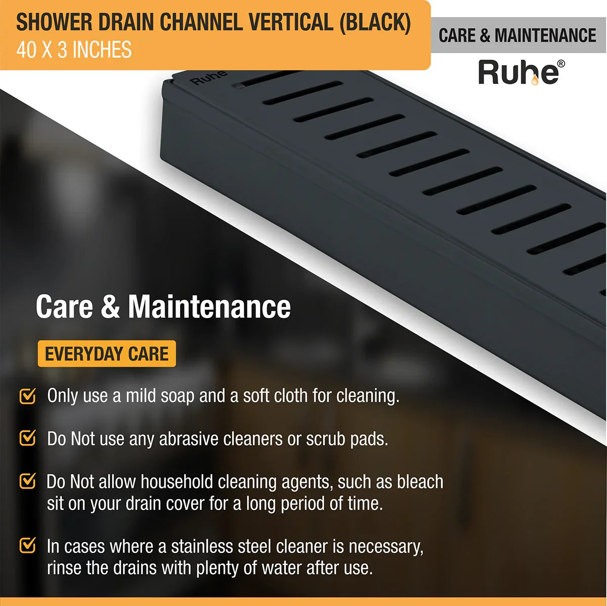 Vertical Shower Drain Channel (40 x 3 Inches) Black PVD Coated care and maintenance
