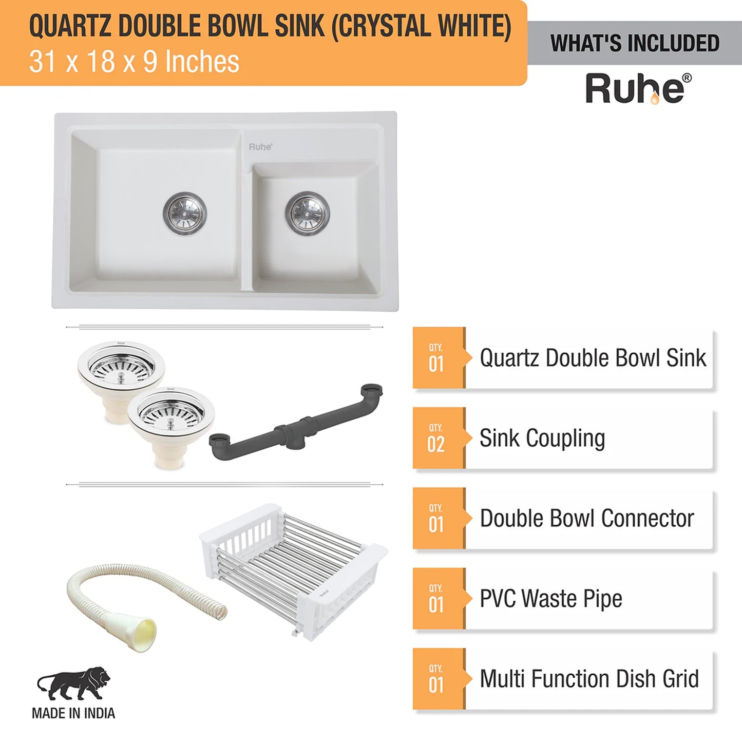 Quartz Double Bowl Kitchen Sink (31 x 18 x 9 Inches)