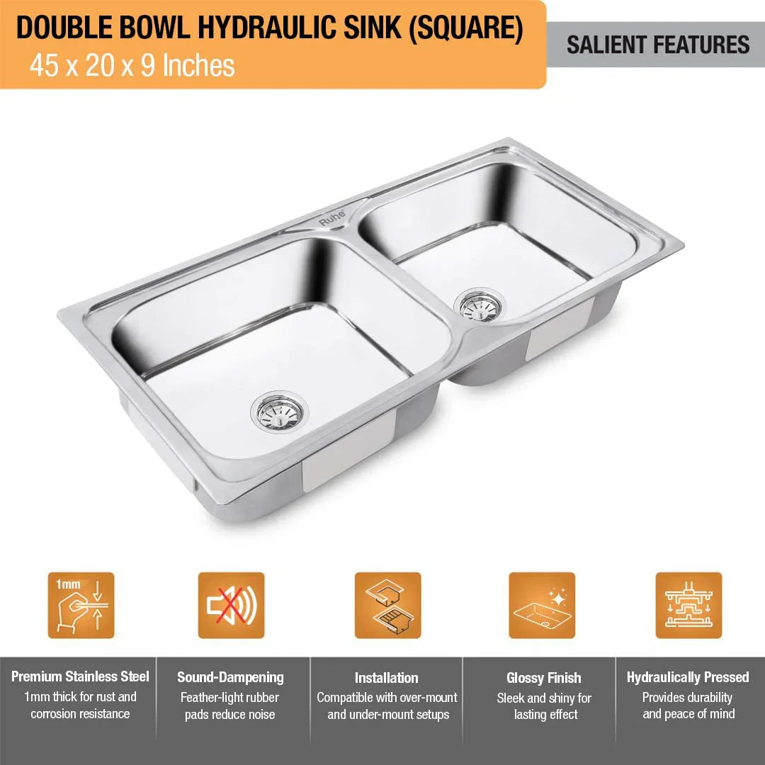 Double Bowl Kitchen Sink (45 x 20 x 9 Inches)(Salient Features)
