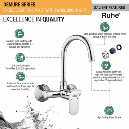 Demure Single Lever Wall-mount Kitchen Sink Mixer Tap with Swivel Spout