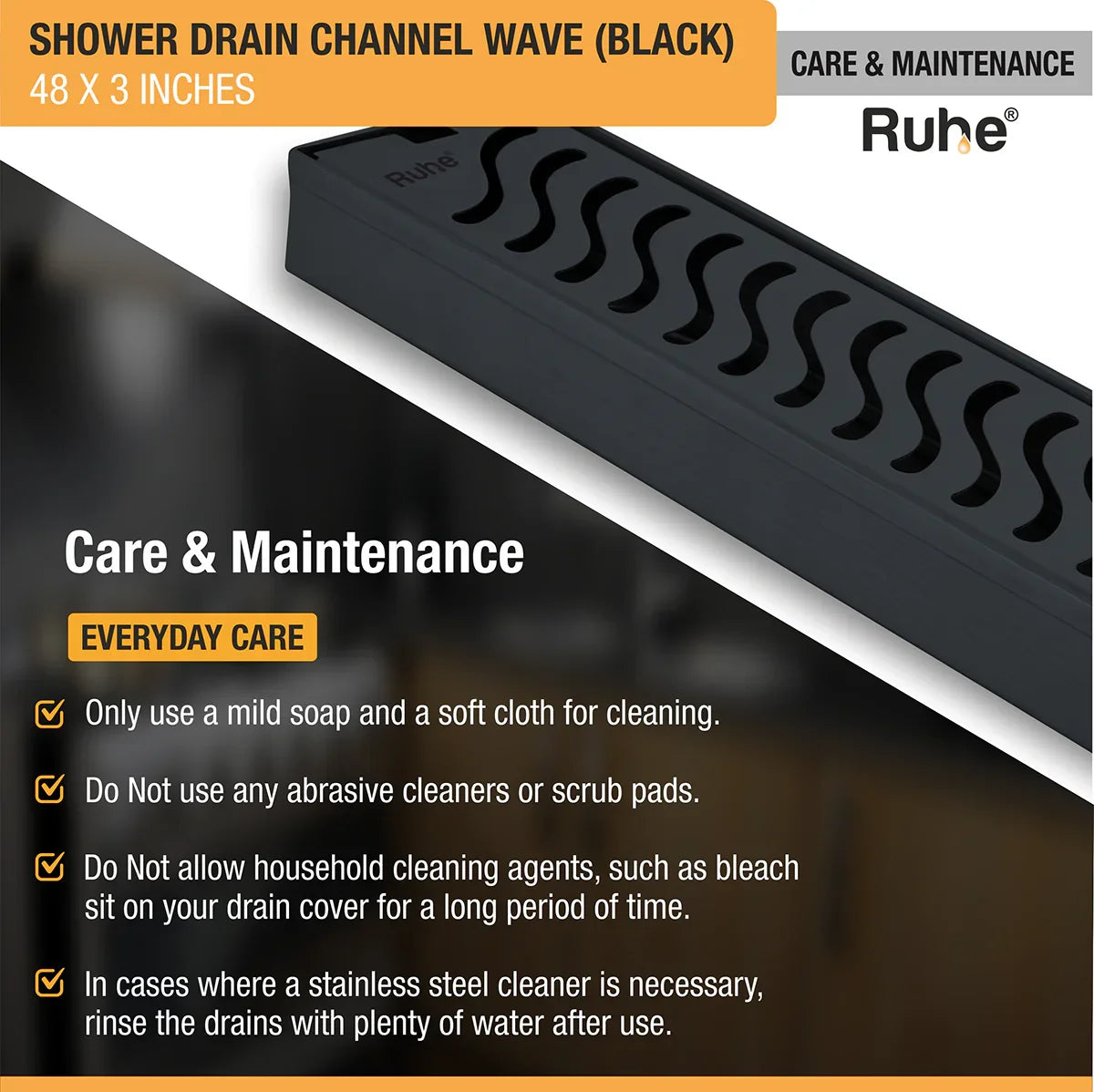 Wave Shower Drain Channel (48 x 3 Inches) Black PVD Coated care and maintenance