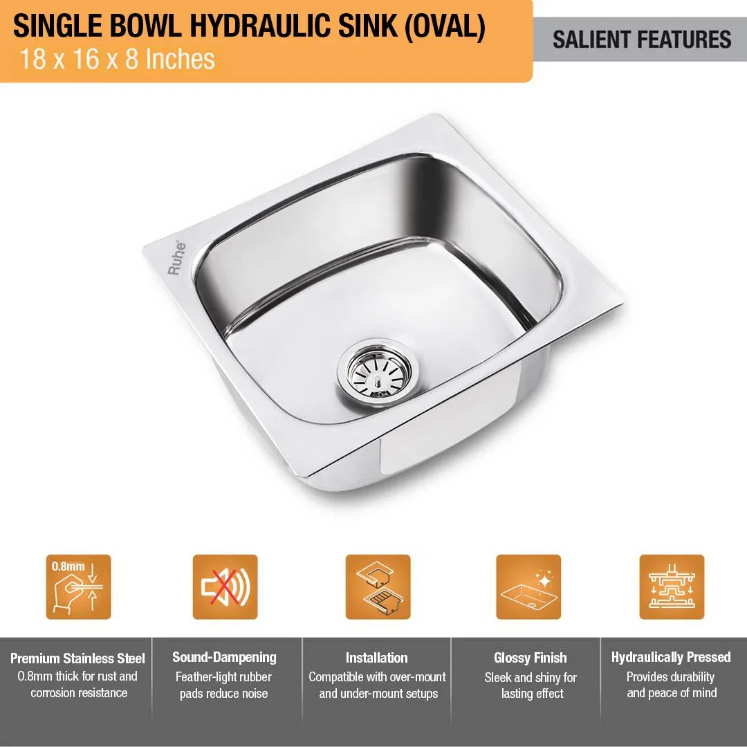 Oval Single Bowl with Drainboard Kitchen Sink (37 x 18 x 8 Inches)(Features)
