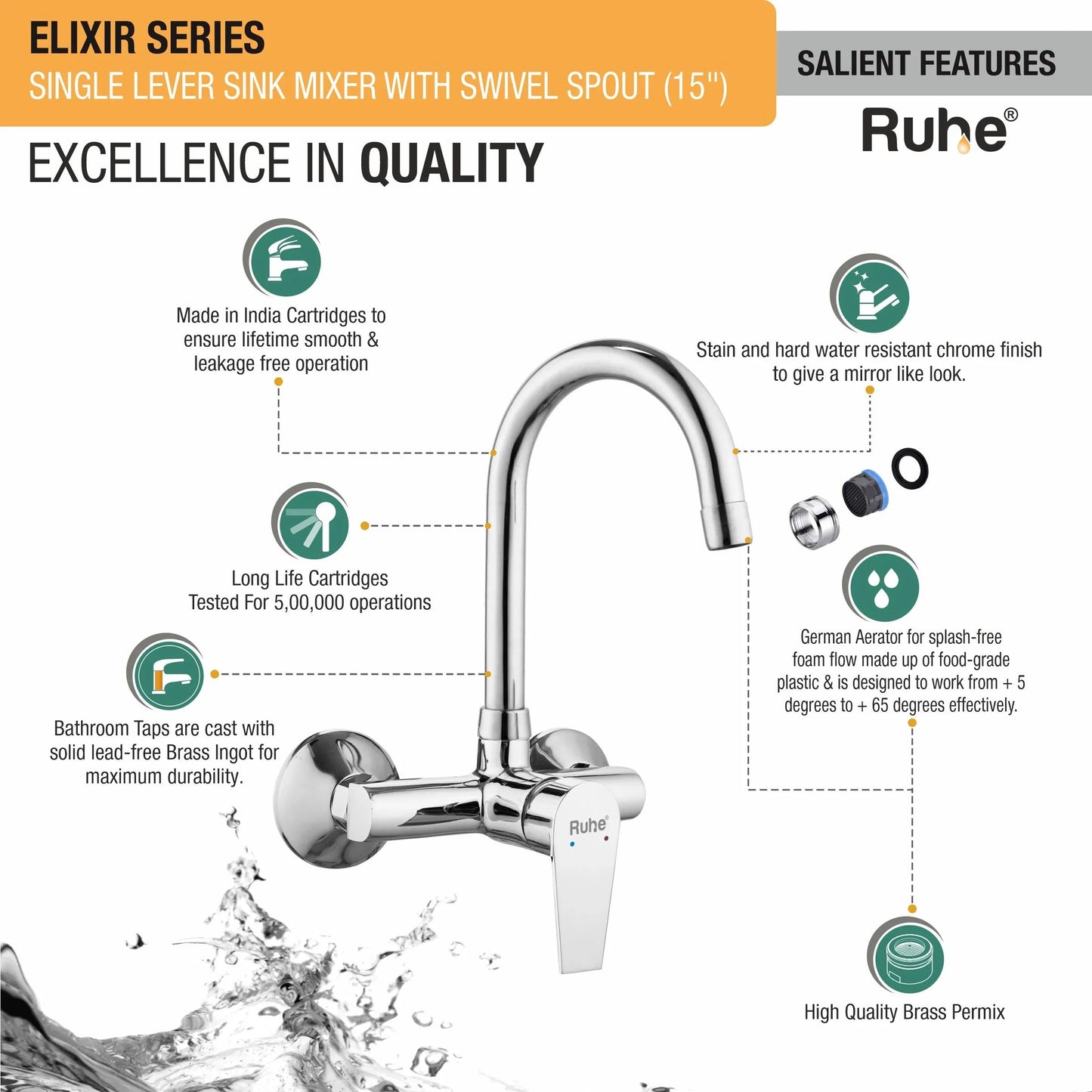 Elixir Single Lever Wall-mount Kitchen Sink Mixer Tap with Medium Swivel Spout (15") - by Ruhe