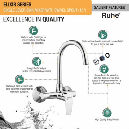 Elixir Single Lever Wall-mount Kitchen Sink Mixer Tap with Medium Swivel Spout (15") - by Ruhe