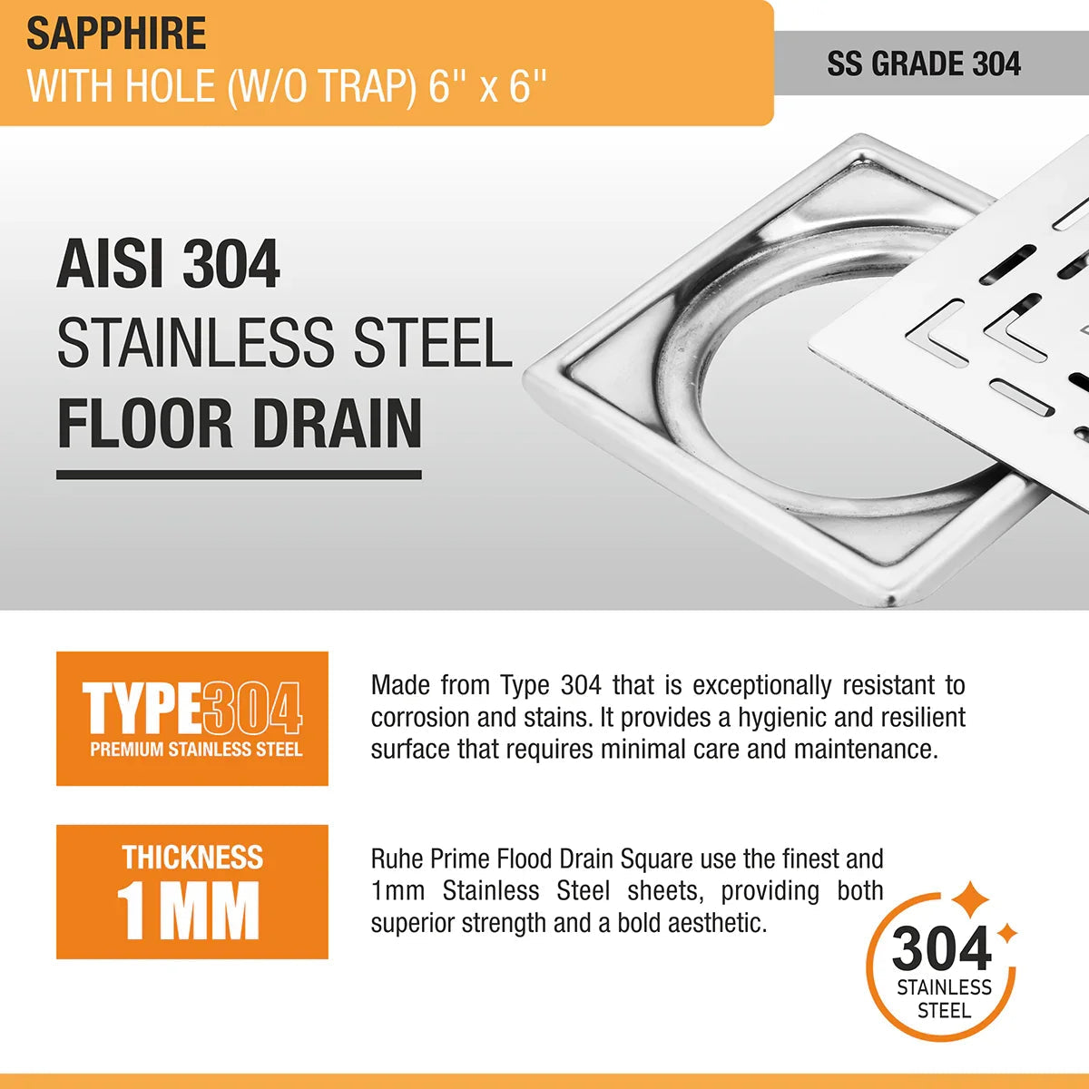 Sapphire Square 304-Grade Floor Drain with Hole (6 x 6 Inches) - by Ruhe