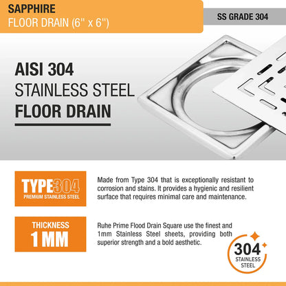 Sapphire Square 304-Grade Floor Drain (6 x 6 Inches) - by Ruhe