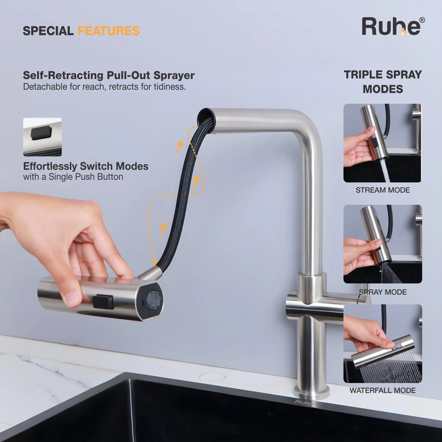Arrow Triple Flow Pull-Out Kitchen Mixer Faucet