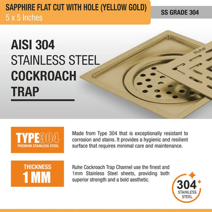 Sapphire Square Flat Cut Floor Drain in Yellow Gold PVD Coating (5 x 5 Inches) with Hole stainless steel