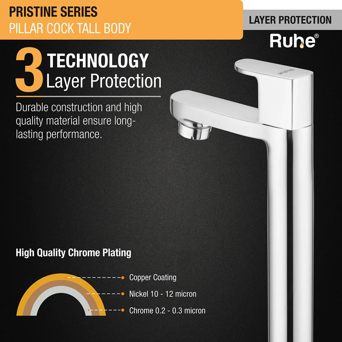 Pristine Pillar Tap Tall Body Brass Faucet 3 layer protection