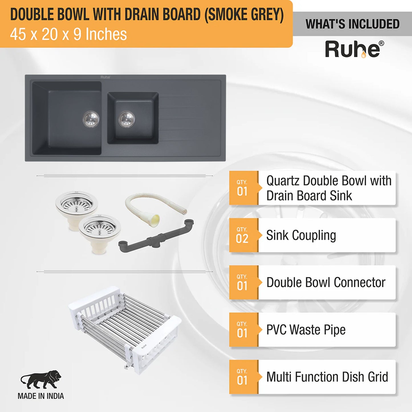 Quartz Double Bowl with Drainboard Kitchen Sink (45 x 20 x 9 inches)