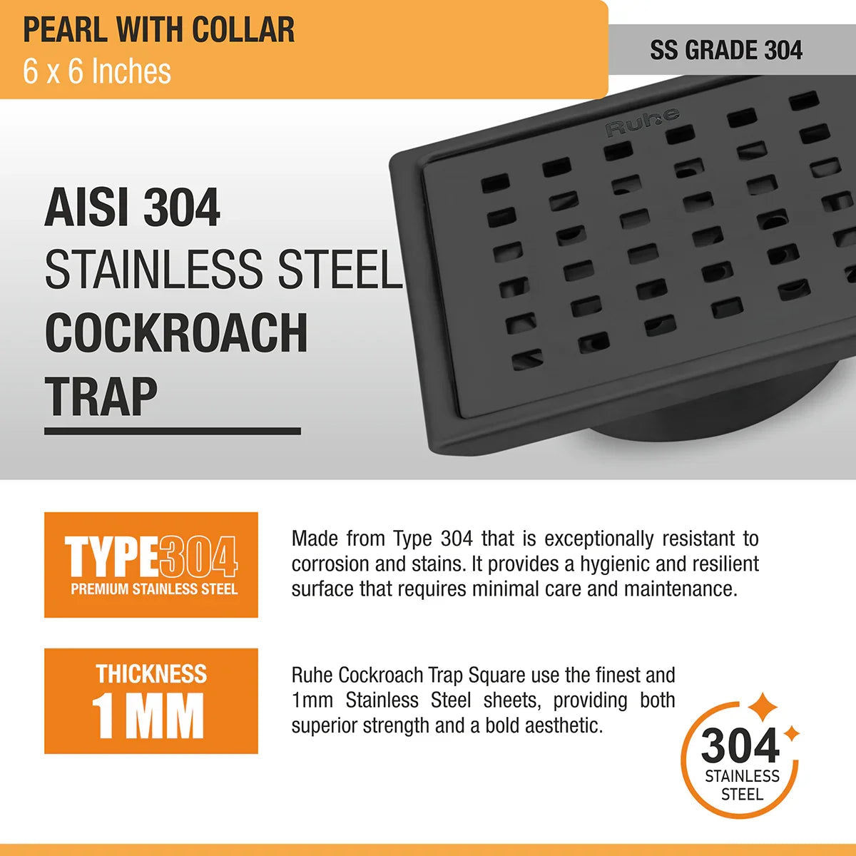Pearl Square 304-Grade Floor Drain in Black PVD Coating (6 x 6 Inches) stainless steel
