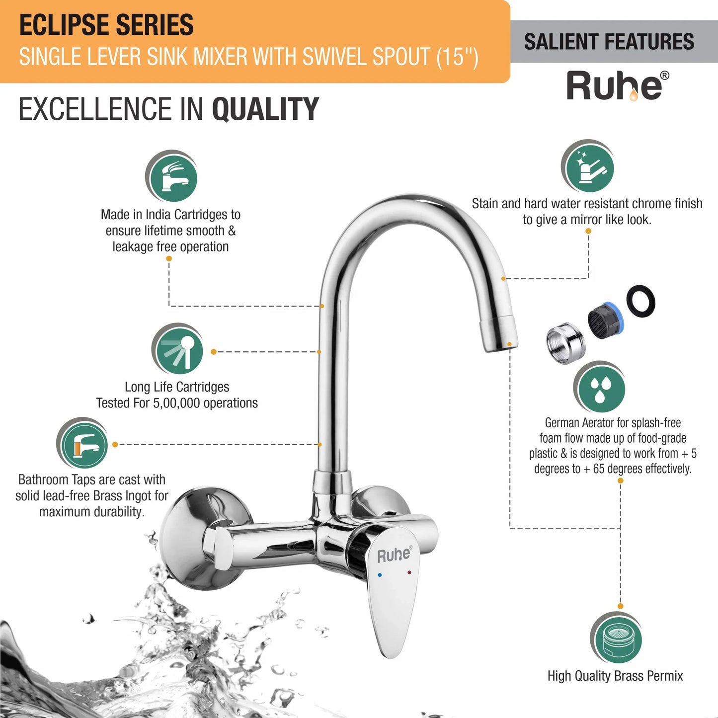 Eclipse Single Lever Wall-mount Kitchen Sink Mixer Tap with Medium Swivel Spout (15") - by Ruhe