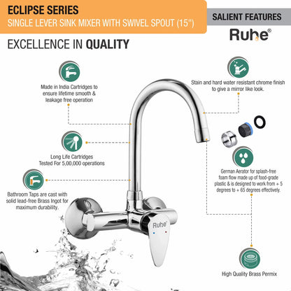 Eclipse Single Lever Wall-mount Kitchen Sink Mixer Tap with Medium Swivel Spout (15") - by Ruhe