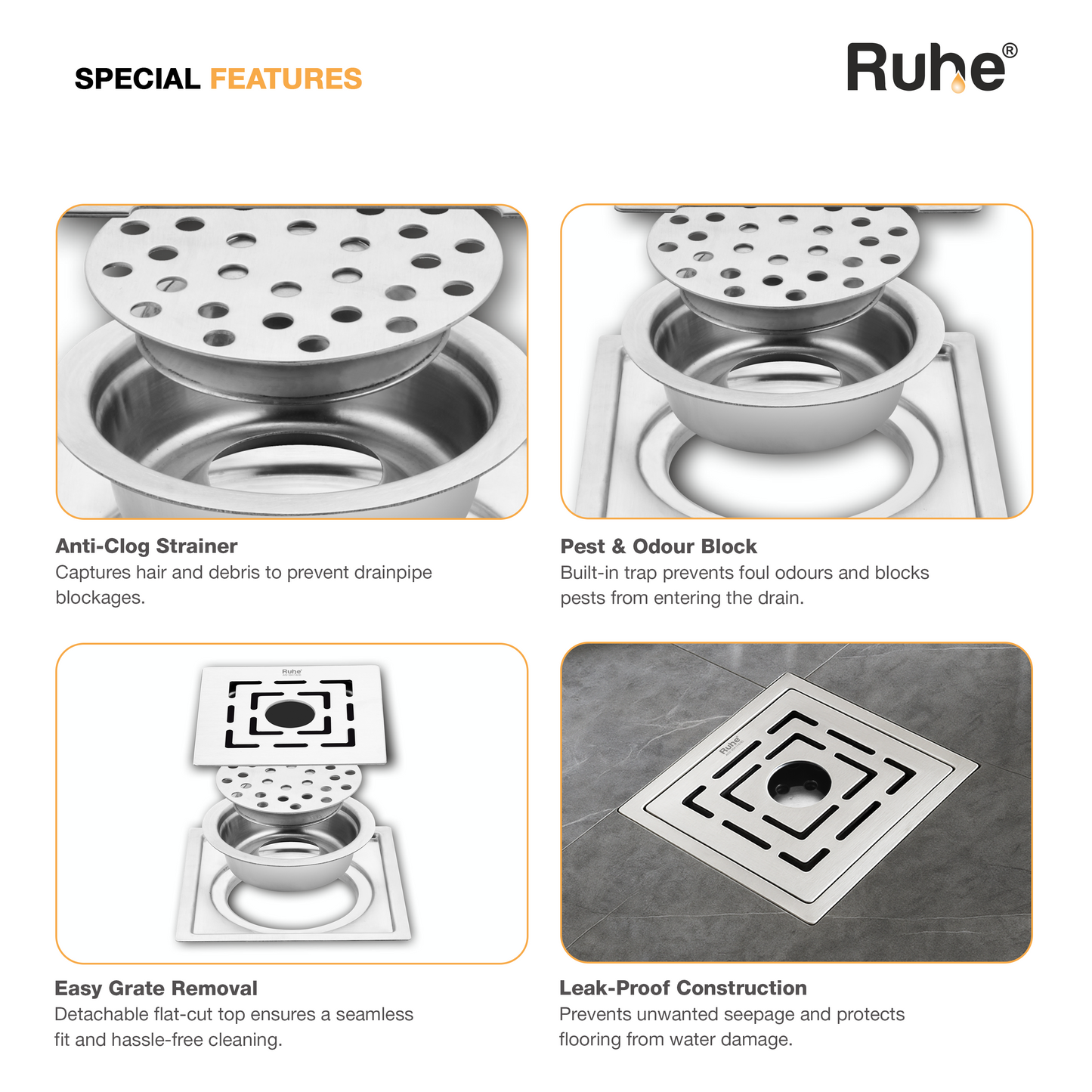 Sapphire Square Flat Cut Floor Drain