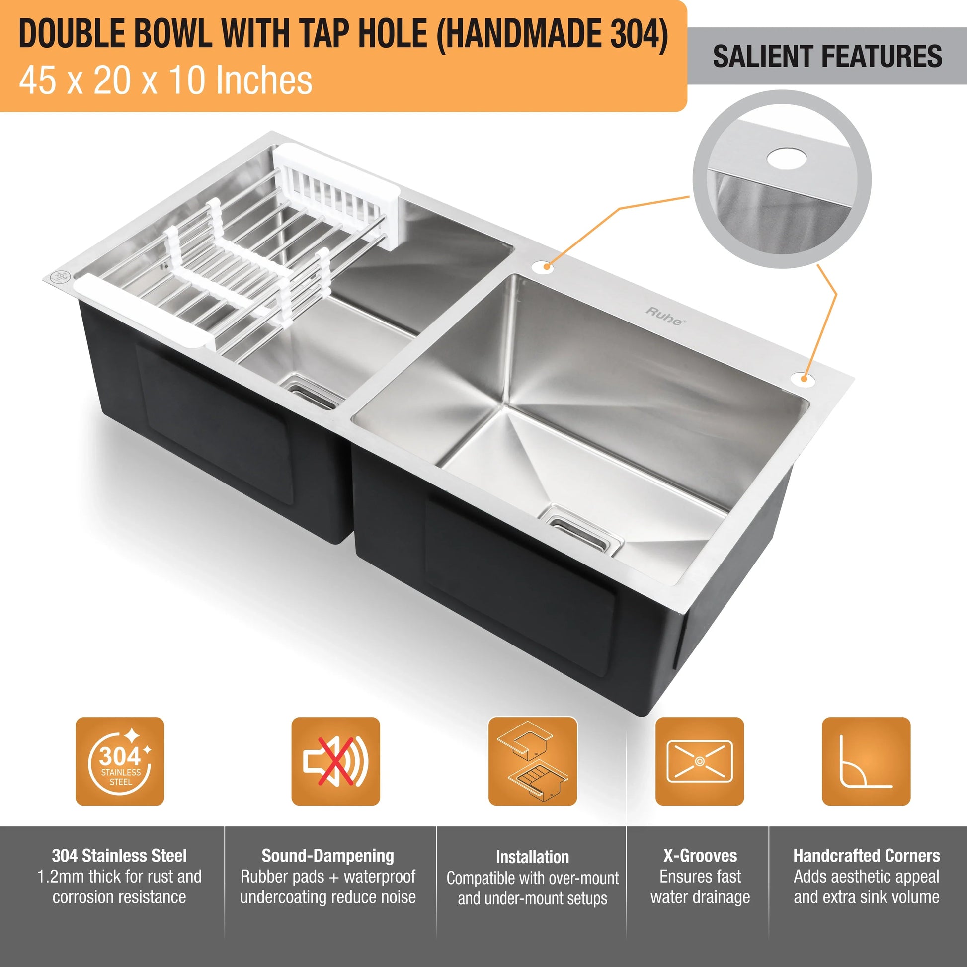 Handmade Double Bowl with Tap Hole Kitchen Sink (45 x 20 x 10 Inches) (Features)