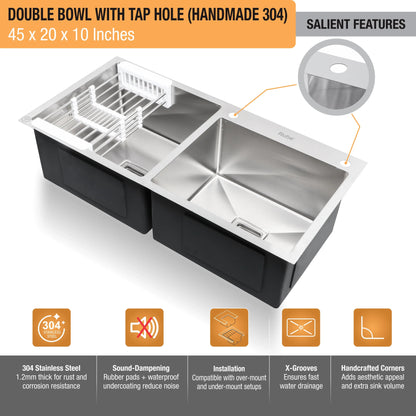 Handmade Double Bowl with Tap Hole Kitchen Sink (45 x 20 x 10 Inches) (Features)