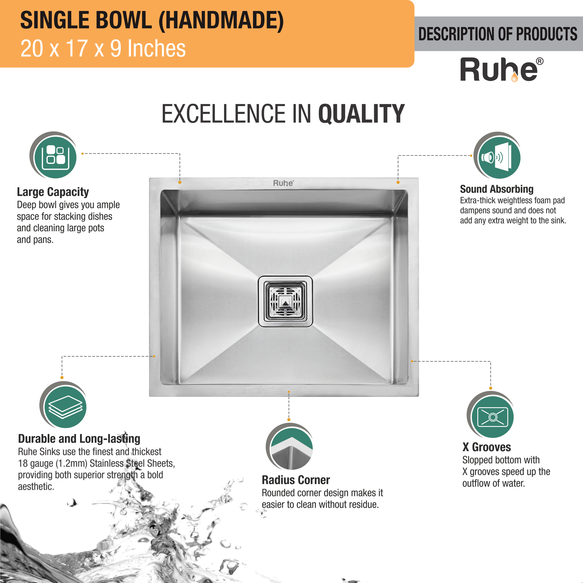 Handmade Single Bowl Kitchen Sink (20 x 17 x 9 Inches) Excellence in quality