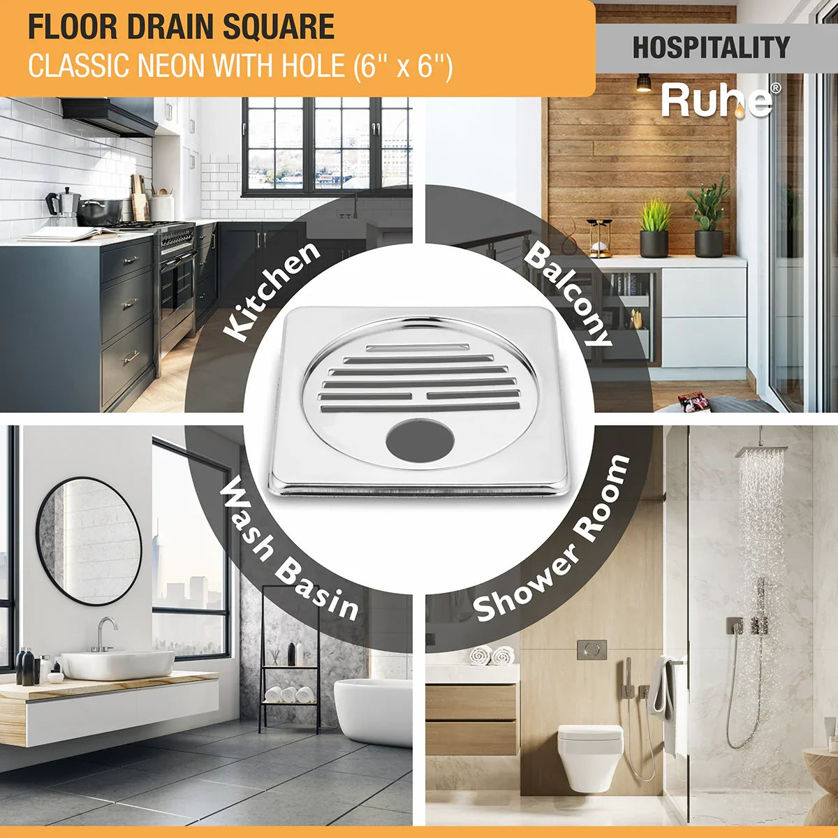 Classic Neon with Collar Square Floor Drain (6 x 6 inches) with Hole installation
