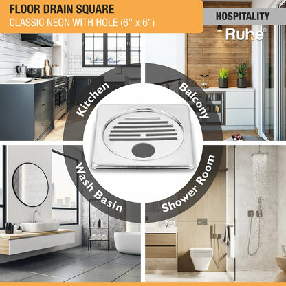 Classic Neon with Collar Square Floor Drain (6 x 6 inches) with Hole installation