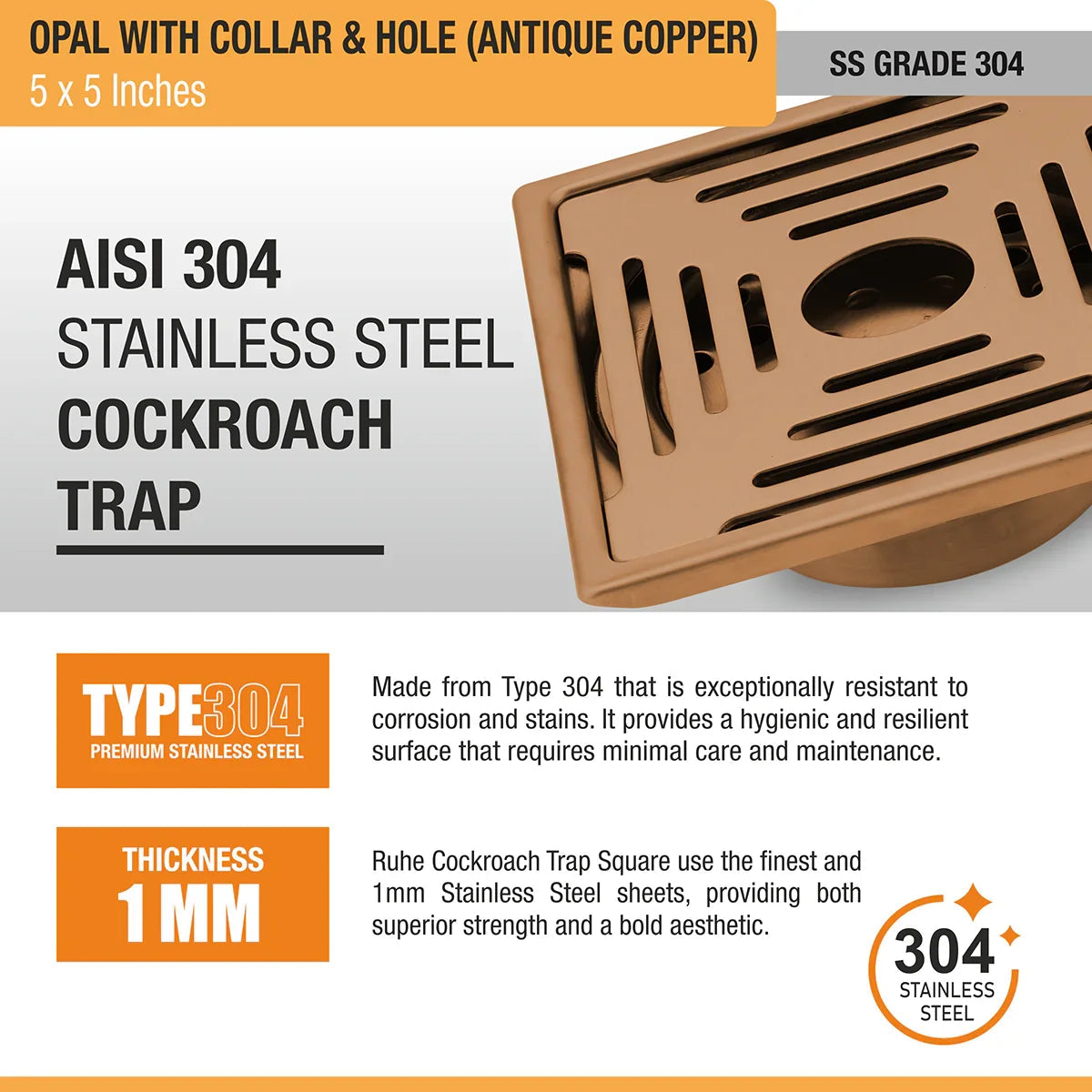 Opal Square Flat Cut Floor Drain in Antique Copper PVD Coating (5 x 5 Inches) with Hole - by Ruhe