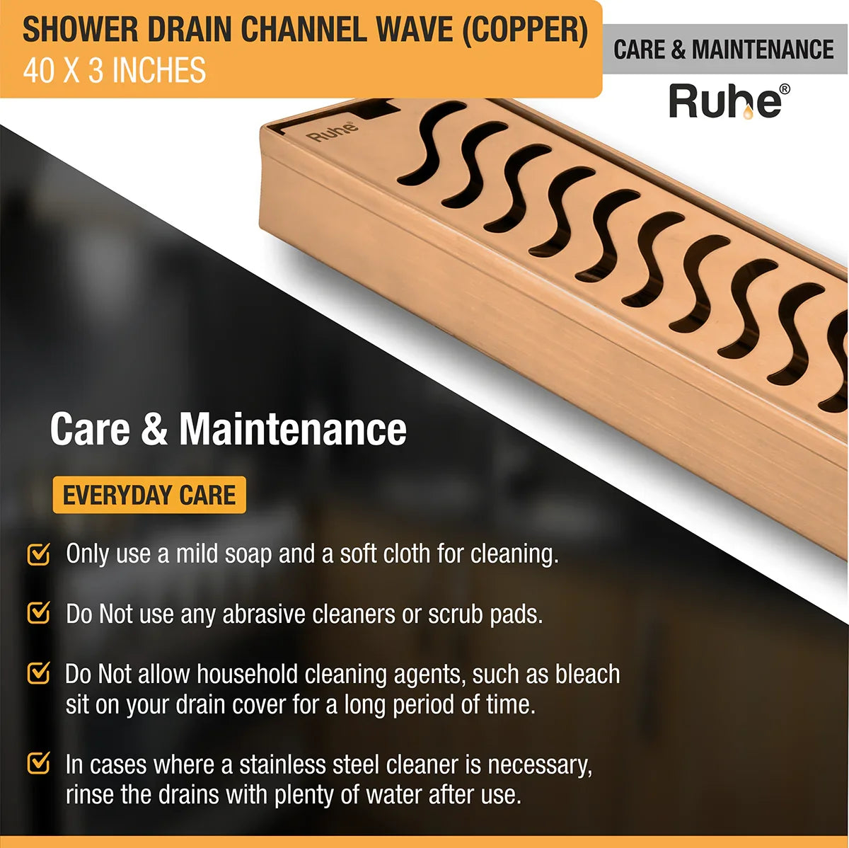 Wave Shower Drain Channel (40 x 3 Inches) Antique Copper PVD Coated - by Ruhe